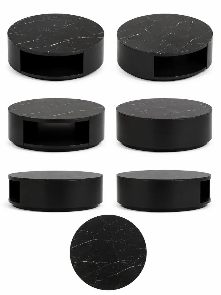 Cassy  -Plateau Table basse ronde 2 tiroirs effet marbre noir