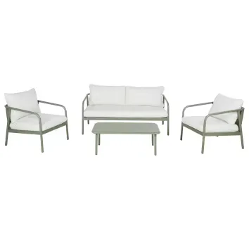 Ethel - Salon de jardin 4 places en aluminium vert kaki et coussins en polyester recyclé écru