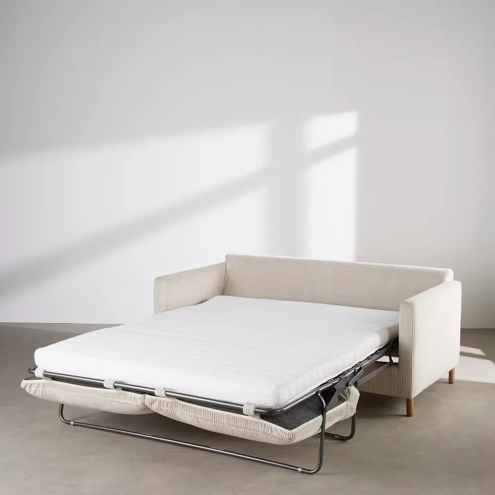 Julian - Canapé convertible 3 places en velours côtelé beige, matelas 10 cm
