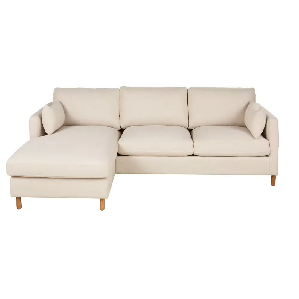 Julian - Canapé droit en L long convertible 3/4 places en textile tramé beige, matelas 10 cm