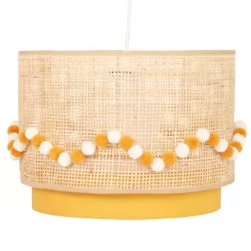 Louna - Suspension en rotin et tissu jaune décoré de pompons écrus et jaunes