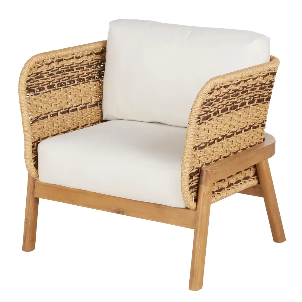 Mahango - Fauteuil de jardin en bois d'acacia, résine recyclée et coussins en polyester recyclé écru