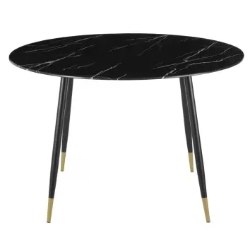 Phea - Table à manger effet marbre noir et métal coloris laiton et noir 5/6 personnes D120